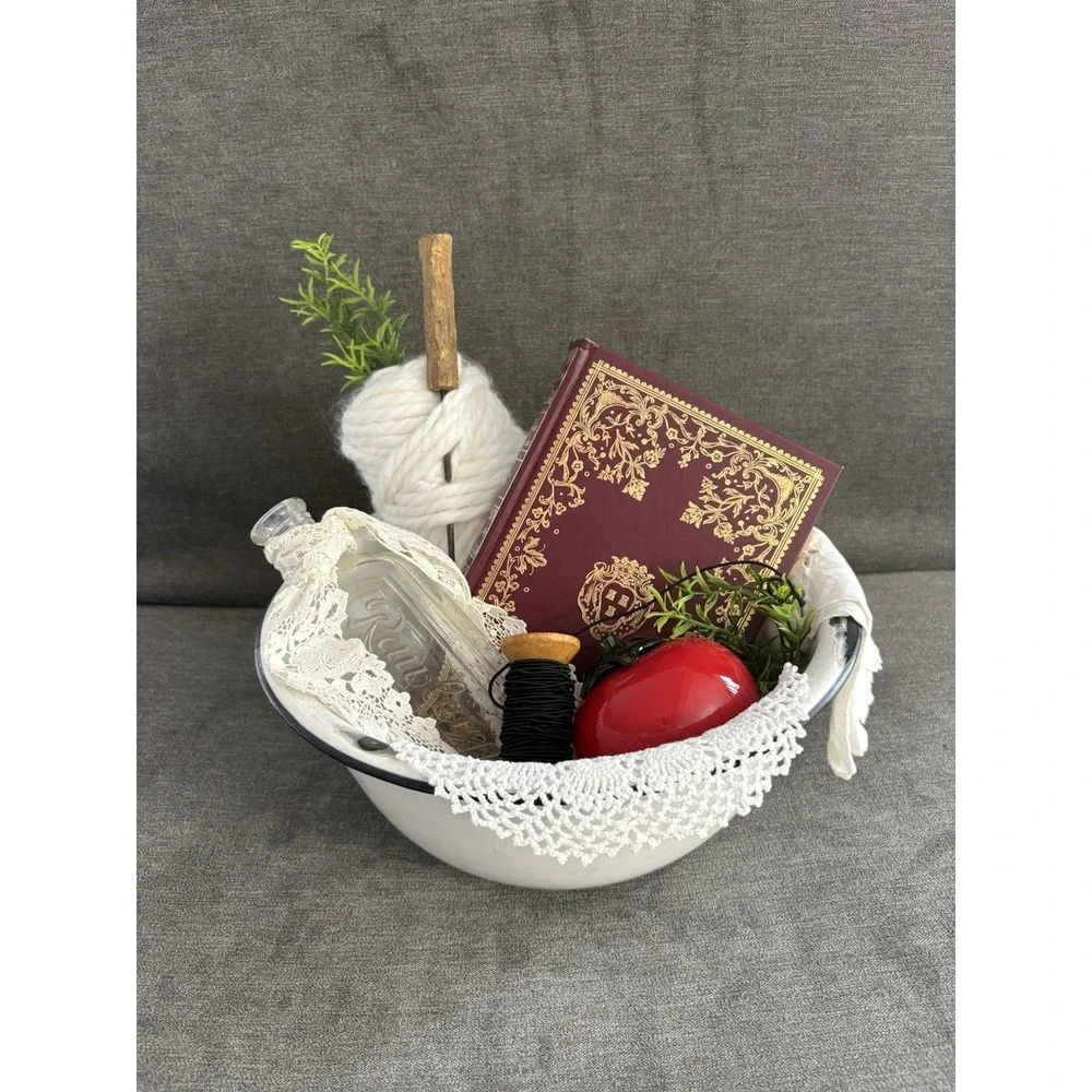 Vintage‎ Upcycled Repurposed Primitive Vignette Tabletop Decor Enamel Bowl